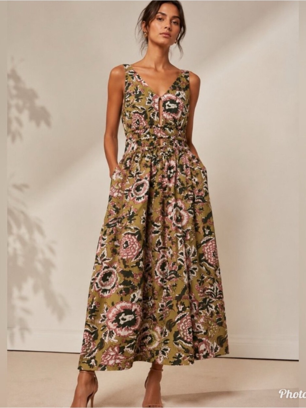 Caroline Constas Floral Midi Dress size L Green Pink NWT